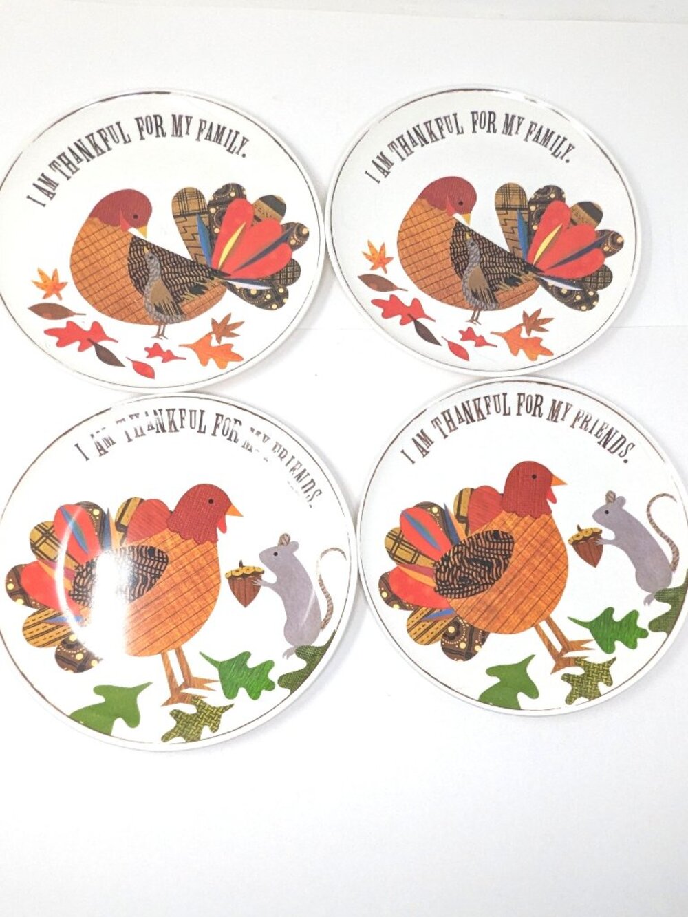 Pottery Barn Kids Thanksgiving Melamine Plates "Thankful for” Turkey Set Of 4